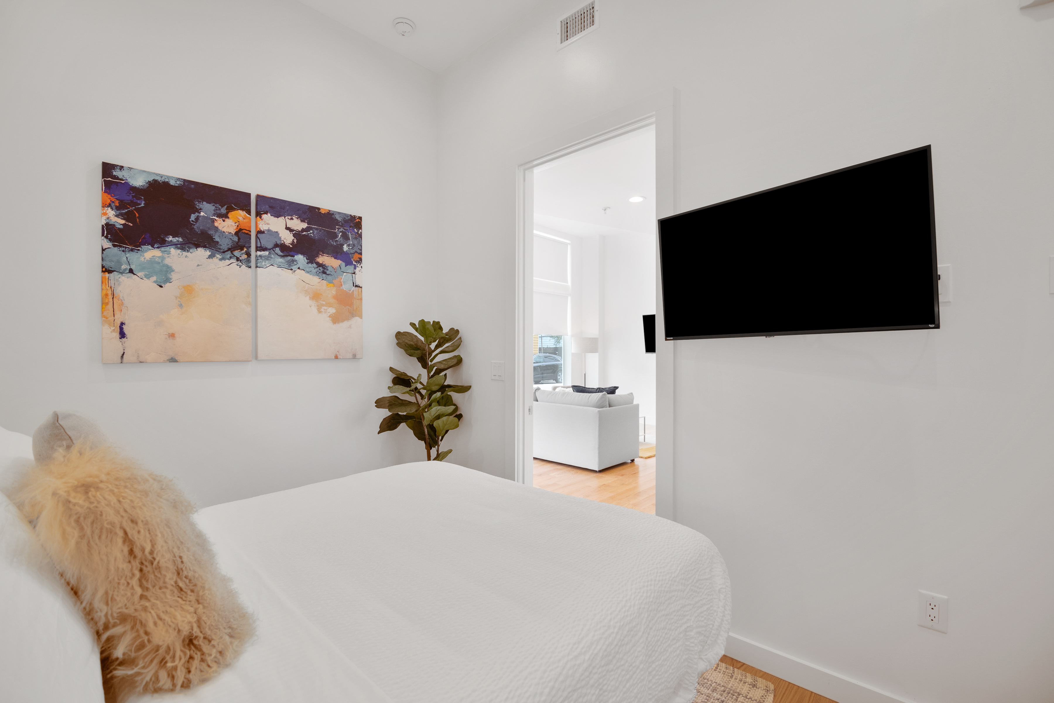 A wide view of a bedroom with a bed, TV, artwork, plant, and doorway.