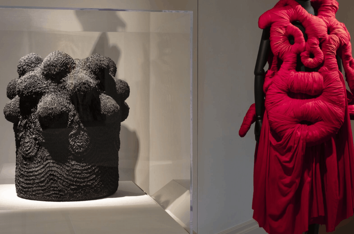 Couture garments on display in a gallery at the Gibbes Museum of Art in Charleston