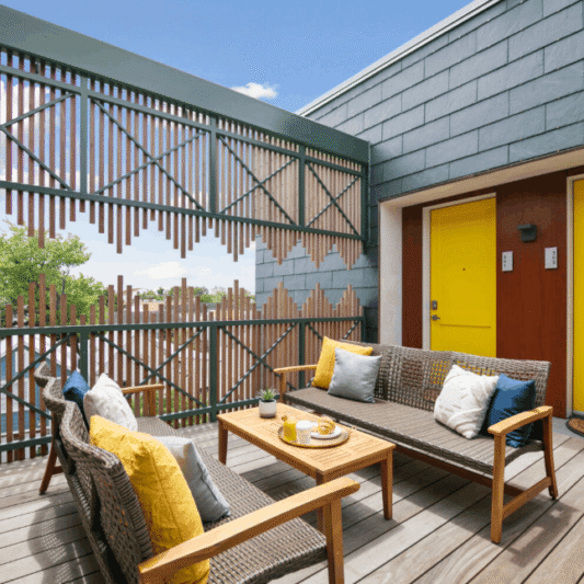 A modern outdoor patio deck with two bright yellow doors, wicker sofas, and a wooden privacy screen