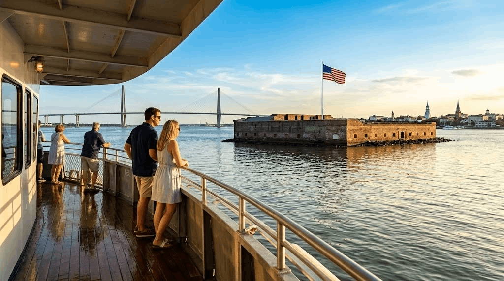 Tourists on a ferry deck looking at Fort Sumter in Charleston Harbor with the Arthur Ravenel Jr. Bridge in the background.