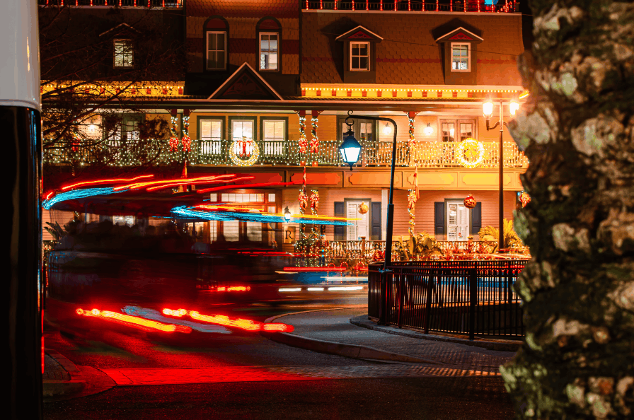 Colorful long exposure of holiday lights in St. Augustine, Florida creating a vibrant nighttime scene.